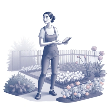 A gardener is standing in a lush garden setting. The gardener is holding a packet of seeds in one hand, while the other hand is gently touching some soil. The gardener appears thoughtful, with a slight smile, as they look ahead, envisioning a garden filled with blooming flowers. The garden is rich with various plant shapes, sizes, and textures, showcasing a variety of flowers that suggest vibrant colors and fullness, while the background features a neatly arranged vegetable patch and a wooden fence. The scene captures the essence of growth and potential.
