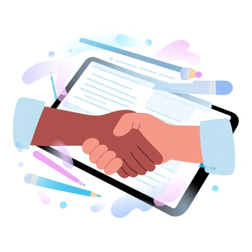 Two hands are shaking above a tablet that displays an illustration commission agreement. The tablet screen shows detailed text and lines that indicate the terms of the agreement. The hands are positioned firmly, conveying a sense of collaboration and agreement. Surrounding the tablet, there are small art supplies like colored pencils and brushes, suggesting a creative environment. The background features soft gradient pastel colors that enhance the overall scene.