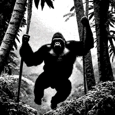 A large gorilla is swinging from a thick vine in a dense jungle setting. The gorilla has a muscular build and a confident expression. Around him, tall trees with broad leaves create a rich canopy above. The underbrush is filled with various tropical plants and ferns. The scene captures the dynamic movement of the gorilla in mid-swing, while the sunlight filters through the leaves, creating patterns on the forest floor.