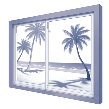 A large window frames a view of a tropical beach. Outside, tall palm trees sway gently in the breeze, their fronds casting shadows on the sandy shore below. The ocean is visible in the background, with gentle waves lapping against the coastline. The sky is clear and bright, enhancing the tranquil scene. The walls of the room surrounding the window are simple and unadorned, focusing attention on the stunning view beyond.