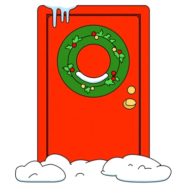 A round festive wreath made of green pine branches decorated with small red berries and golden ornaments is hanging prominently on a bright red door. The door is smooth and glossy, contrasting sharply with the surrounding white snow that blankets the ground. The snow gently rests on the door handle, creating a soft, fluffy appearance. Flakes of snow continue to fall, adding to the wintery scene, while a few icicles hang delicately from the top of the doorframe.