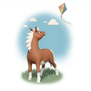 A small pony, with a glossy chestnut coat and a white mane, stands in a grassy field. The pony has bright, expressive eyes, gazing up at a "colorful kite" soaring against a backdrop of blue sky. The kite features a vibrant pattern of red, yellow, and blue stripes. The breeze ruffles the pony's mane and the grass around it. Wisps of white clouds drift lazily in the sky, adding texture to the scene. The sunlight casts soft shadows on the ground, enhancing the lively atmosphere of the day.