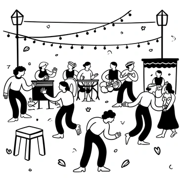 A bustling Greek festival scene filled with people dancing joyfully. There are string lights hanging above, illuminating the lively atmosphere. Tables are adorned with traditional decorations, including garlands and patterned tablecloths. Musicians are playing instruments like a bouzouki and drums, contributing to the festive sounds. In the background, a group of people is participating in a traditional dance, showcasing their lively movements and colorful costumes. The ground is scattered with leaves and flower petals, enhancing the vibrant setting.