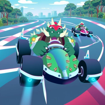 A large, imposing Bowser with spiked shells and sharp claws is seated in a sleek, futuristic racing car. The car is designed with a glossy green and gold finish, featuring intricate patterns that resemble scales. Bowser's fierce expression conveys determination as he grips the steering wheel tightly. The scene captures a winding race track surrounded by lush digital landscapes, with bright neon lights illuminating the path ahead. Other racers can be seen in the background, adding intensity to the competition. The atmosphere is charged with excitement, highlighted by motion lines that indicate high speed.
