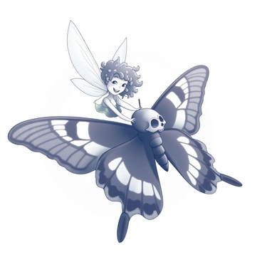 A tiny fairy with delicate translucent wings is perched on the back of a large death's-head hawkmoth. The fairy has an intricate outfit made of leaves and petals, with her hair flowing gently in the wind. The moth has distinct features, including its distinctive skull-like pattern on its thorax and large, patterned wings that spread wide. The scene captures the fairy's joyful expression as she navigates through the air, with the moth's powerful wings creating a sense of movement. The background is a subtle blend of textures that suggest an enchanted forest atmosphere.