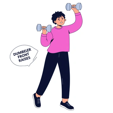 A virtual trainer is demonstrating techniques for dumbbell front raises. The trainer is wearing a bright red workout shirt and black leggings, showcasing an energetic posture. In each hand, the trainer holds a shiny silver dumbbell. The background is a simple white wall, emphasizing the focus on the trainer's movements. The trainer's arms are extended straight in front, with palms facing down while lifting the dumbbells to shoulder height. A small graphic on the side displays the words "Dumbbell Front Raises" in bold black letters.