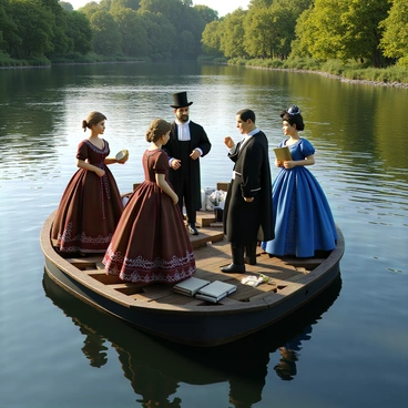 A barge floating on a calm river with lush greenery in the background. On the barge, several actors are dressed in elaborate period costumes reflecting a specific historical era. One actor is wearing a rich burgundy gown with intricate lace details, while another is dressed in a tailored black suit with a high-collared white shirt. A third actor sports a vibrant blue dress with a wide-brimmed hat adorned with feathers. The actors are engaged in a lively discussion, with props such as books and scrolls scattered around them, enhancing the historical ambiance of the scene. The sun casts a warm glow, illuminating the costumes and adding depth to the setting.