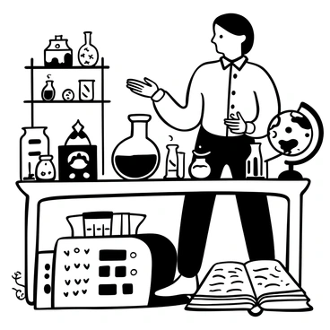 A scientist in 18th-century attire is standing at a wooden lab table, surrounded by various glass beakers filled with liquids. The scientist is holding a glass stirring rod in one hand, while the other hand points towards a large glass flask over a flame. A collection of assorted glass apparatus, such as test tubes and a distillation setup, are arranged neatly on the table. Papers with handwritten notes are scattered around, and a large, open book lies next to a lit oil lamp, casting shadows across the scene. An intricate globe and shelves filled with jars of specimens can be seen in the background.