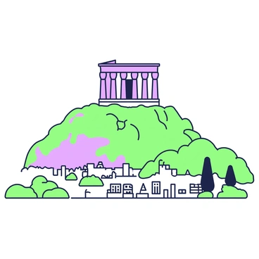 A view of the Parthenon stands majestically on the Acropolis hill. The Parthenon is depicted with its classical columns and triangular pediments. In the foreground, there are gently sloping hills covered with rocky terrain. Below, the layout of the ancient city can be seen, with scattered ruins and remnants of ancient structures. The background features a clear sky, emphasizing the grandeur of the scene. The overall perspective captures the historical significance of the Parthenon and its surroundings.