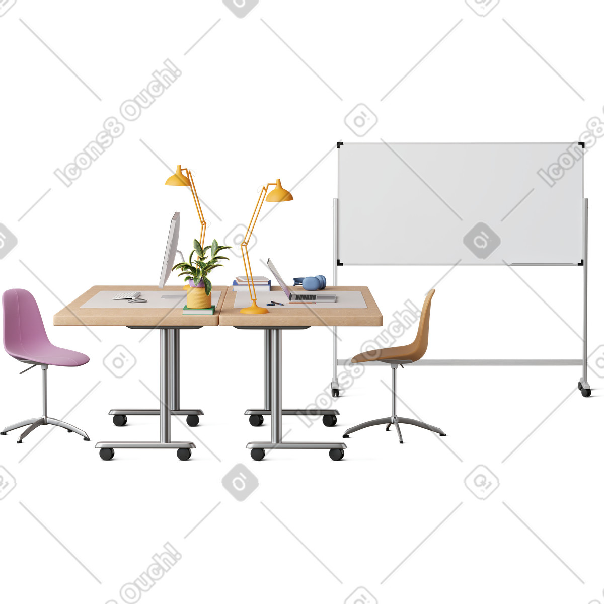 Front view of office desks and whiteboard illustration clipart for workspace in GIF