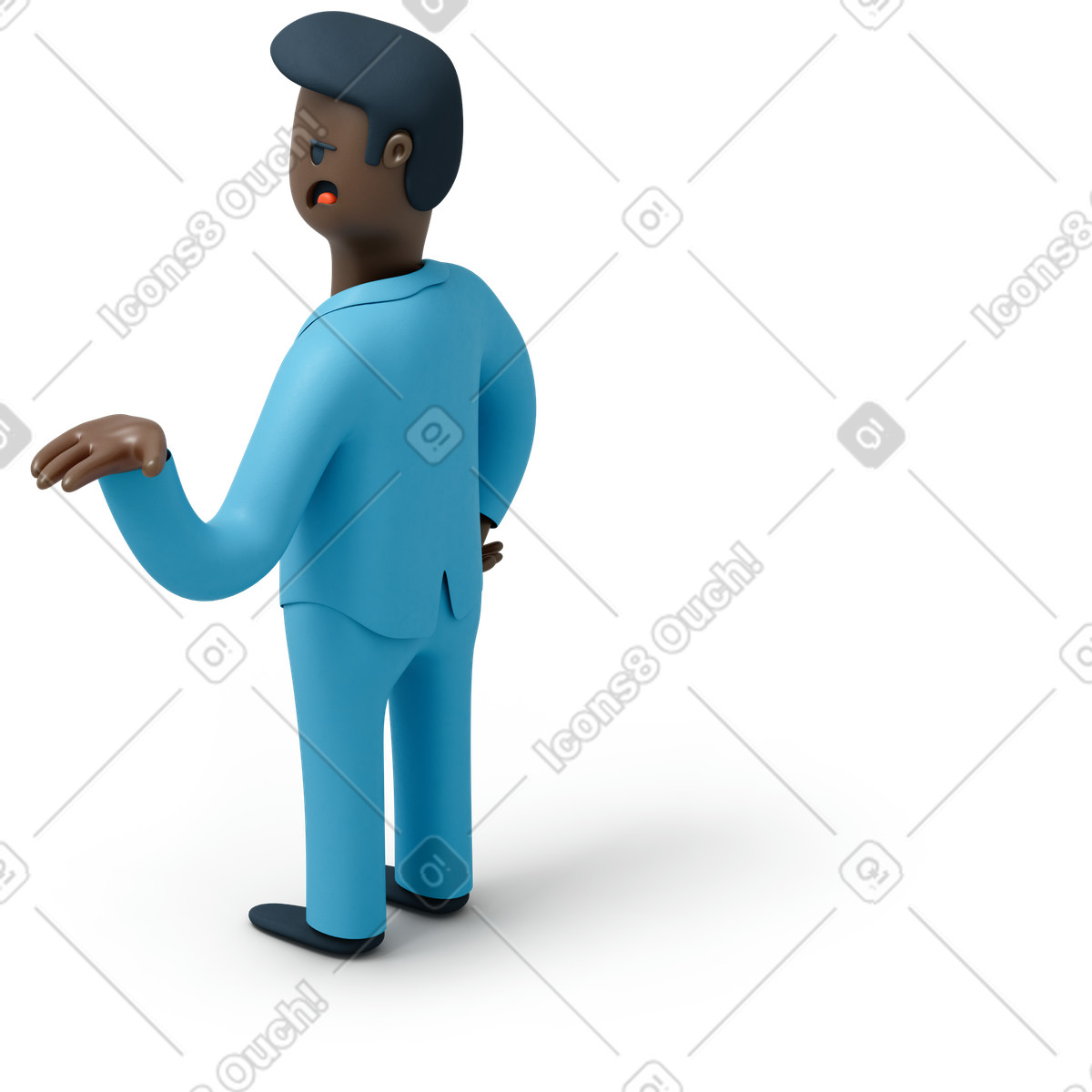 Back view of complaining black man raising his hand up illustration in 3D Flame style download in PNG, SVG
