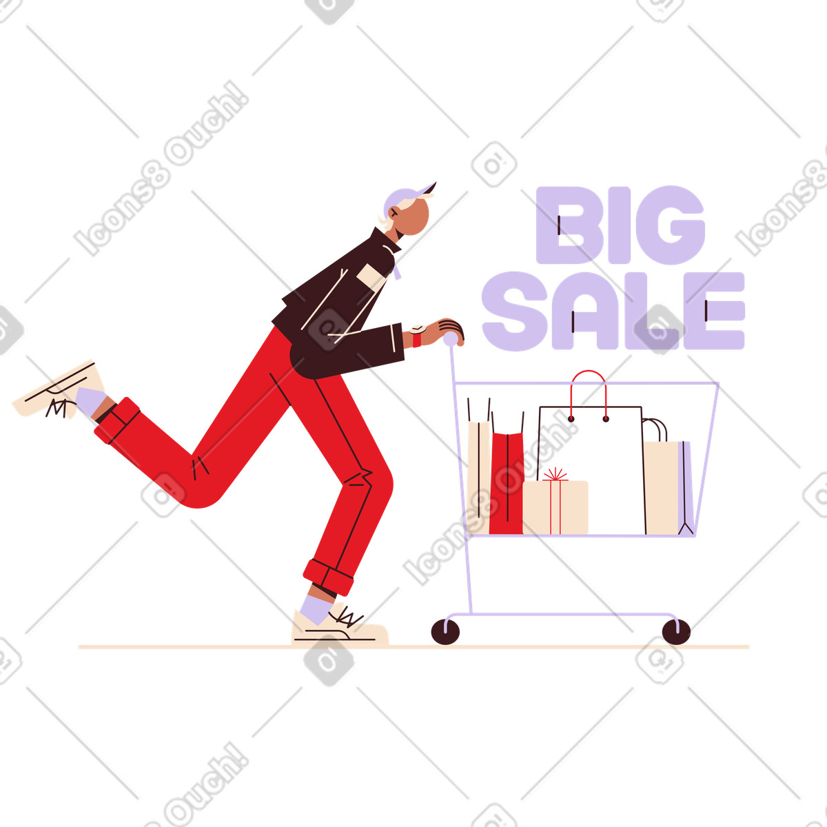 Illustration Inscription big sale avec l'homme qui tire le texte du panier dans style Folks à télécharger aux formats PNG, SVG