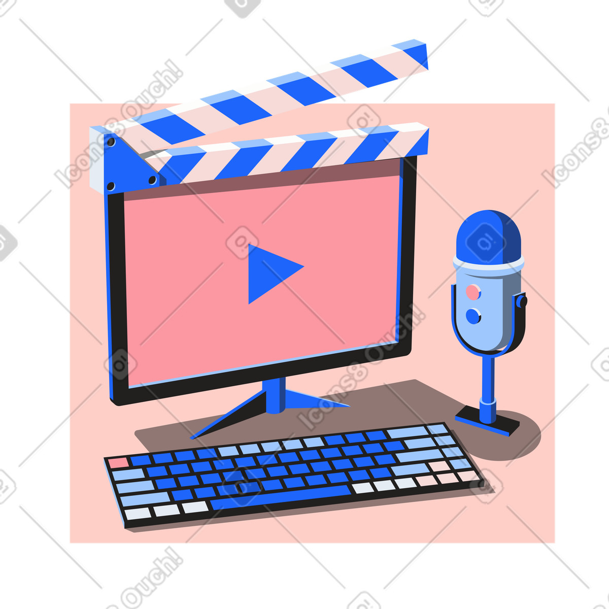 Desktop with video editing software and microphone, Online streaming or podcasting illustrazione in stile Editorial scarica in PNG, SVG