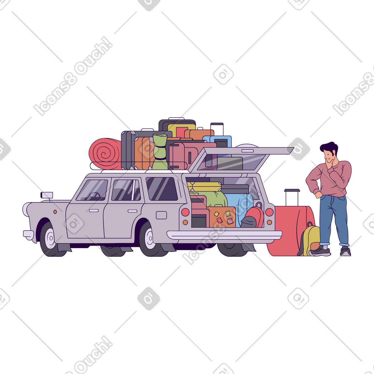Mann steht neben einem mit gepäck gefüllten auto-Illustration im Eastwood-Stil als Download in PNG, SVG