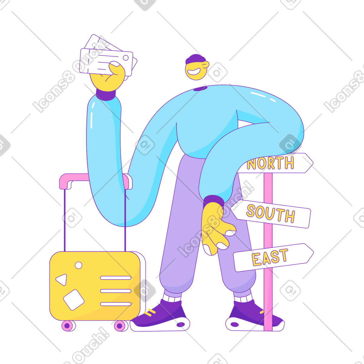 Un ragazzo con biglietto e una valigia è in piedi vicino al cartello illustrazione stile Elastic scarica PNG, SVG