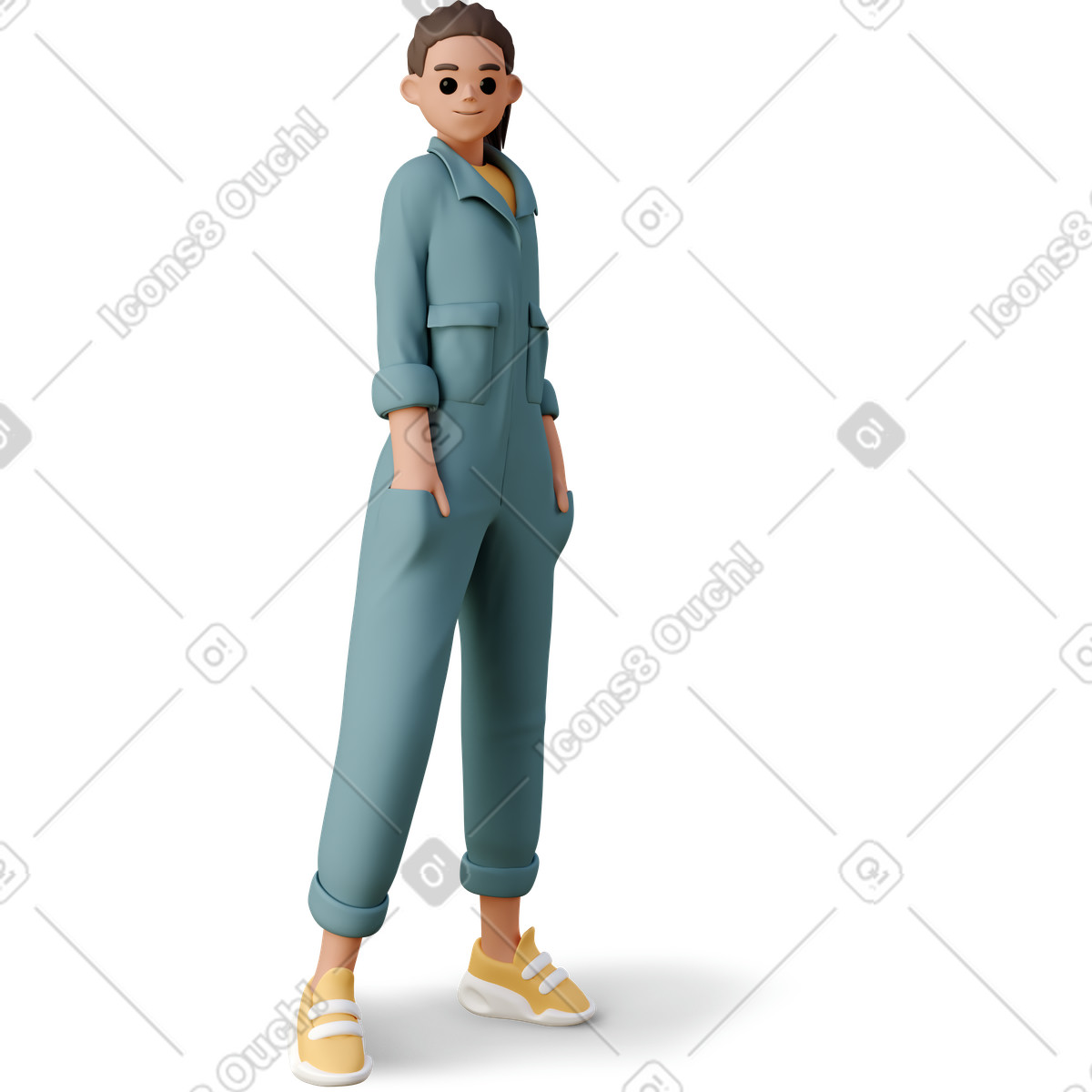 下载 3D Casual life 风格的 Young woman in the worker jumpsuit 插画，支持 PNG、SVG 格式