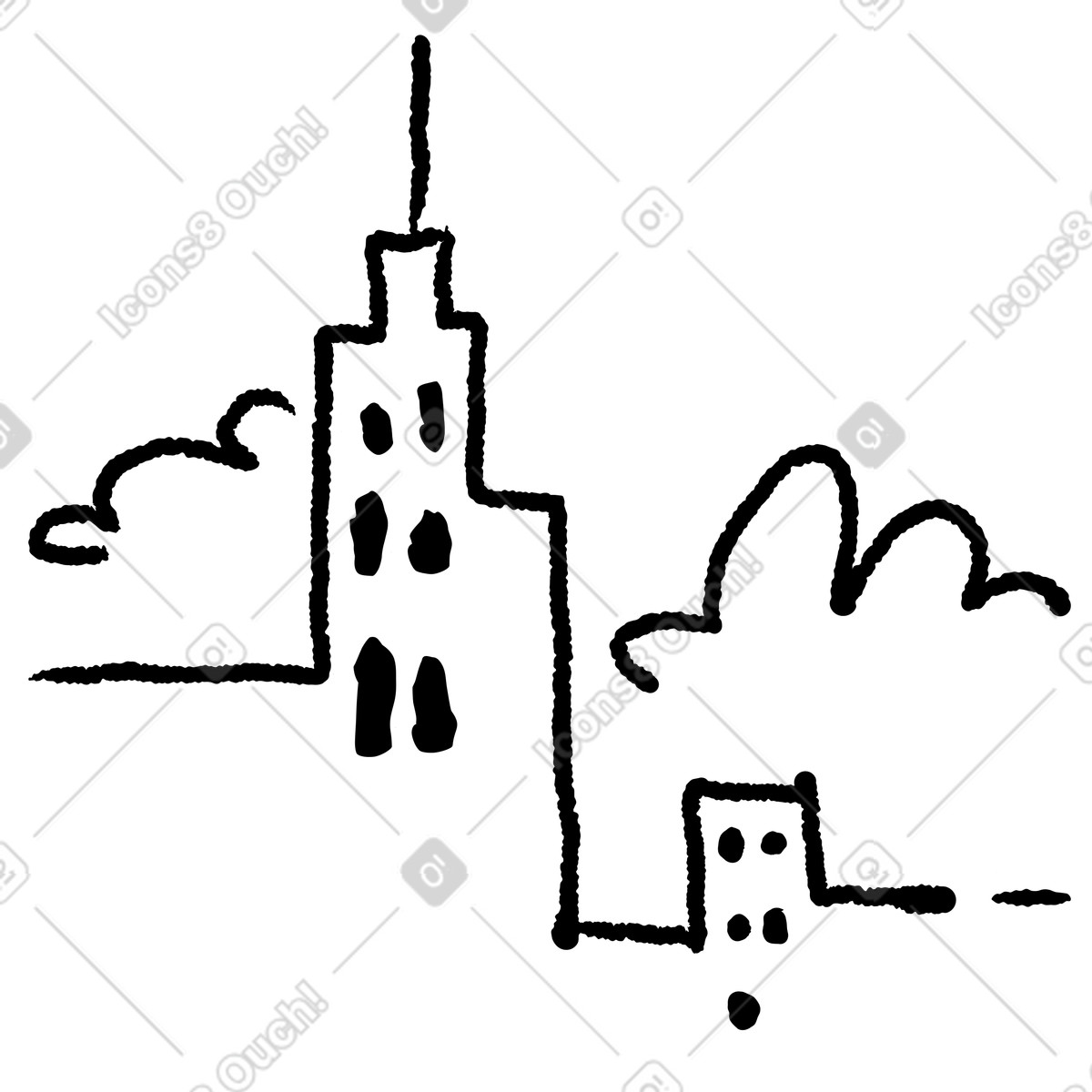 下载 Black Chalk 风格的 Skyscraper outline with antenna and small building under cloud shapes 插画，支持 PNG、SVG 格式