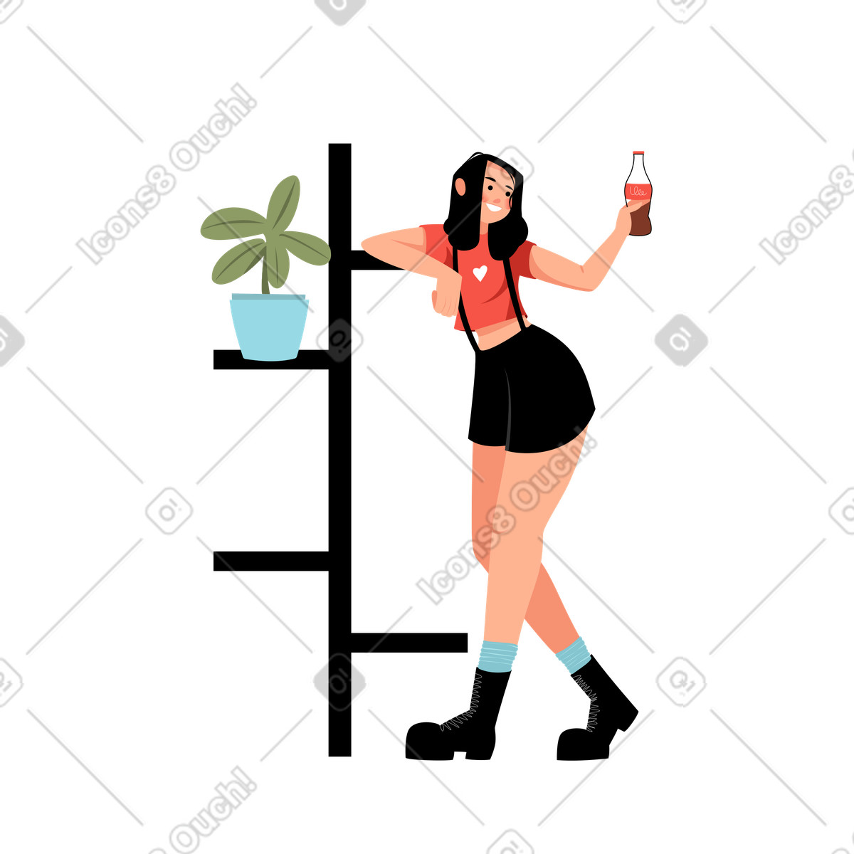 Girl drinks coca-cola next to the shelf of flowers illustration in Lagom style download in PNG, SVG