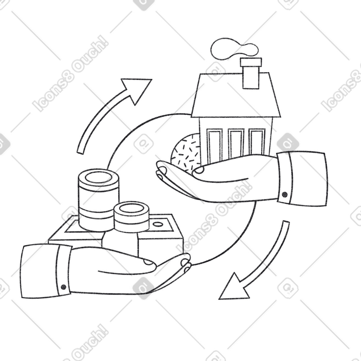 Ilustración Hands exchanging house and money, Real estate transaction property sales en estilo Bonbon Line a descargar en PNG y SVG