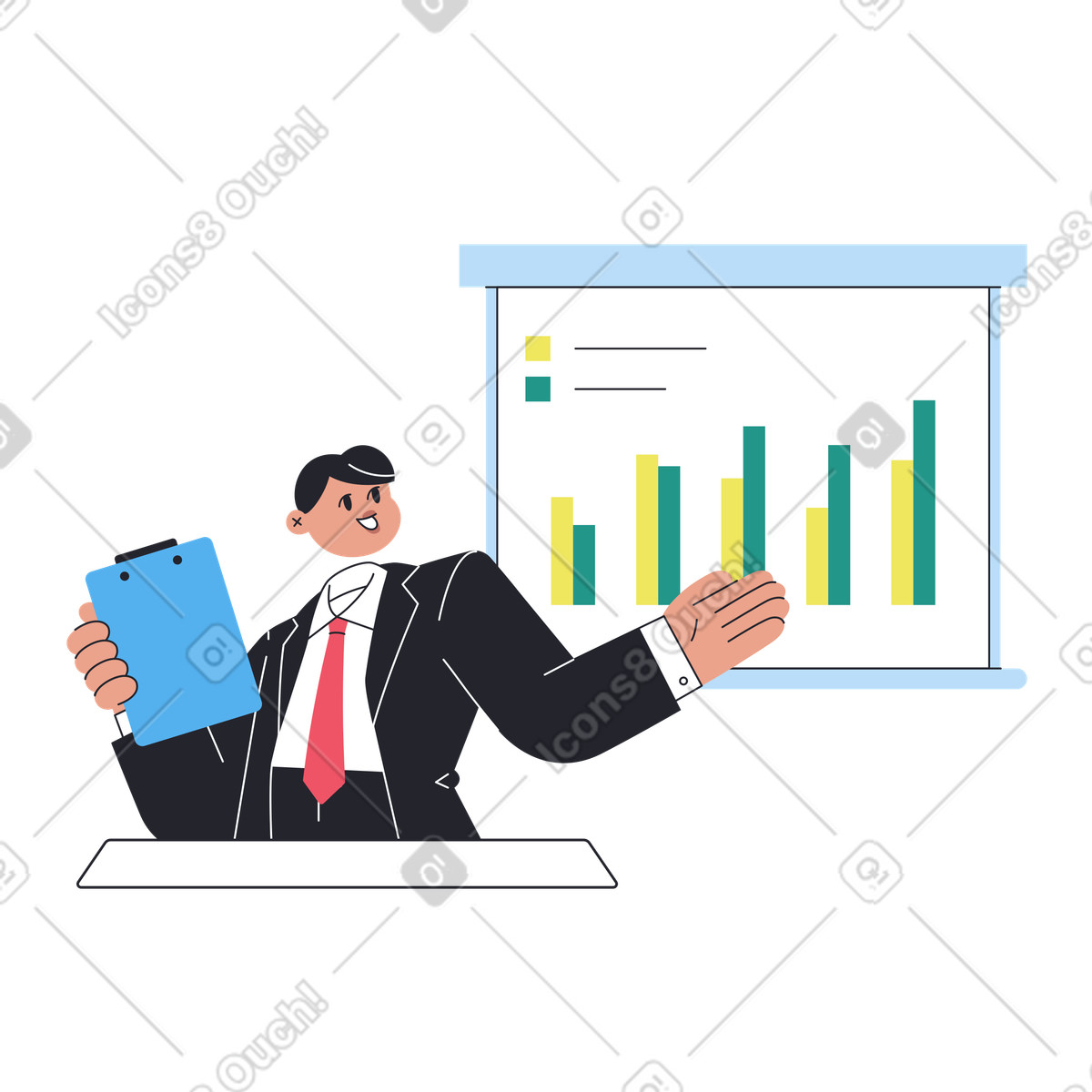 Employee giving presentation, Company performance review illustration in Boba style download in PNG, SVG