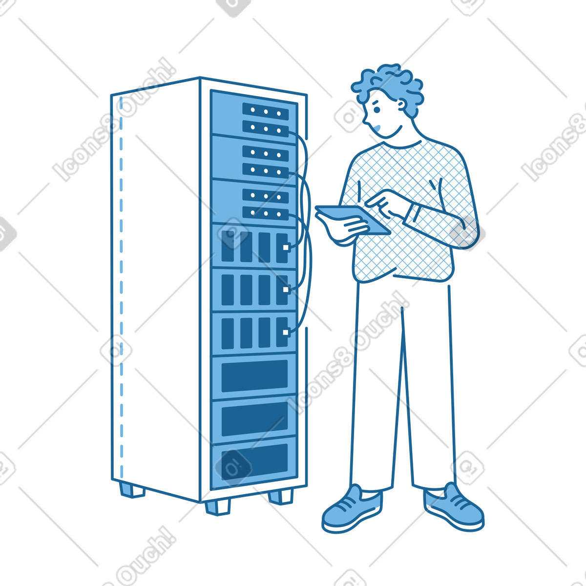 Amministratore di sistema accanto al rack del server illustrazione in stile Natty scarica in PNG, SVG
