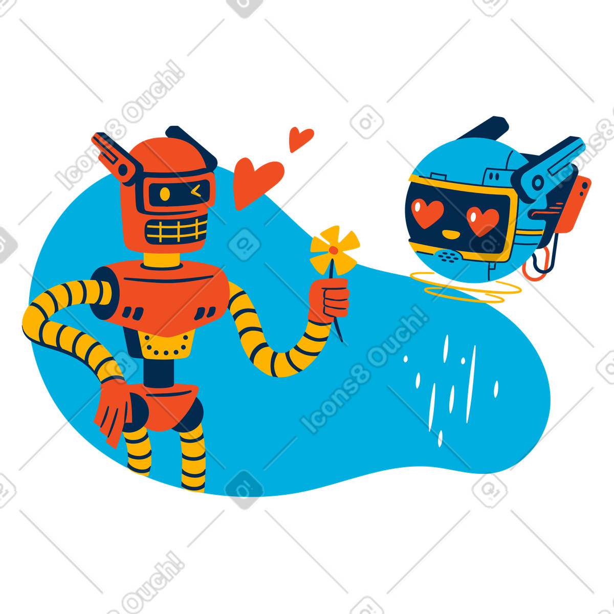 Robot in love giving a flower to another robot illustration in PNG, SVG