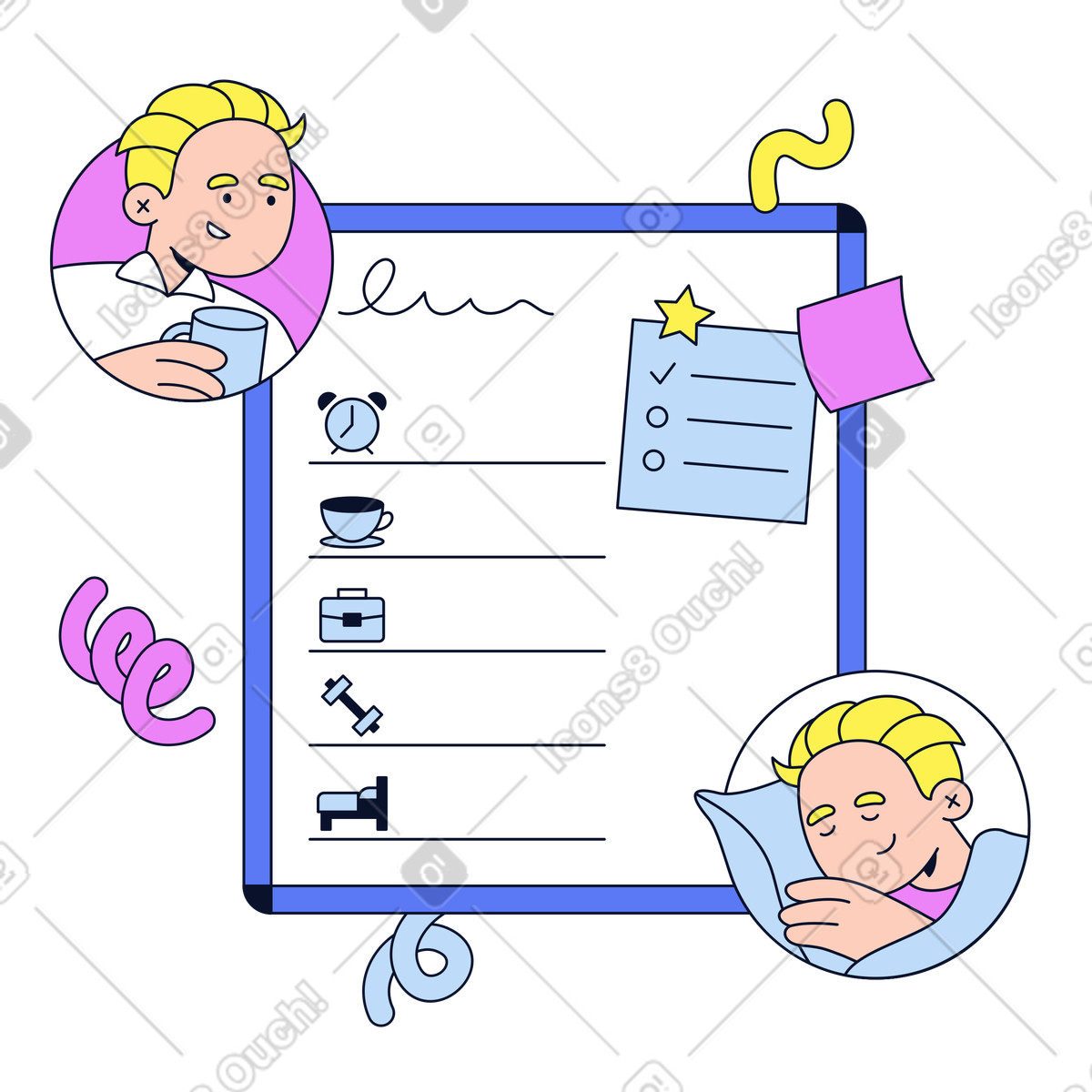 Daily planner with routine actions, Habit tracking and healthy lifestyle scheduling-Illustration im Flexy-Stil als Download in PNG, SVG