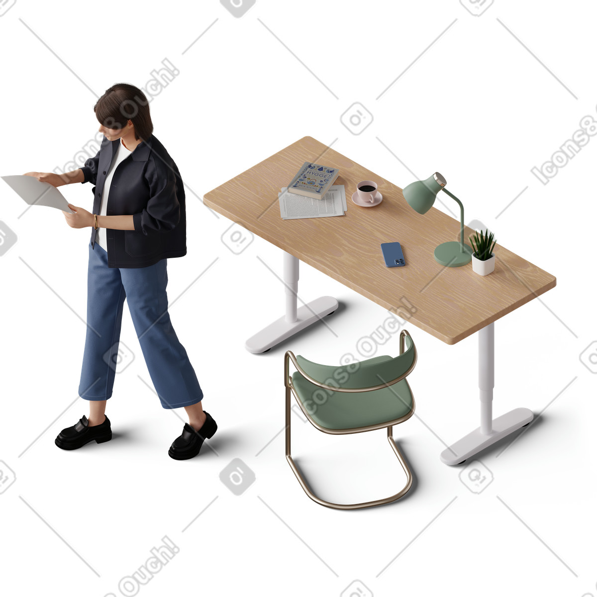 Isometrische ansicht einer jungen frau, die ein dokument liest-Illustration im 3D Hygge-Stil als Download in PNG, SVG