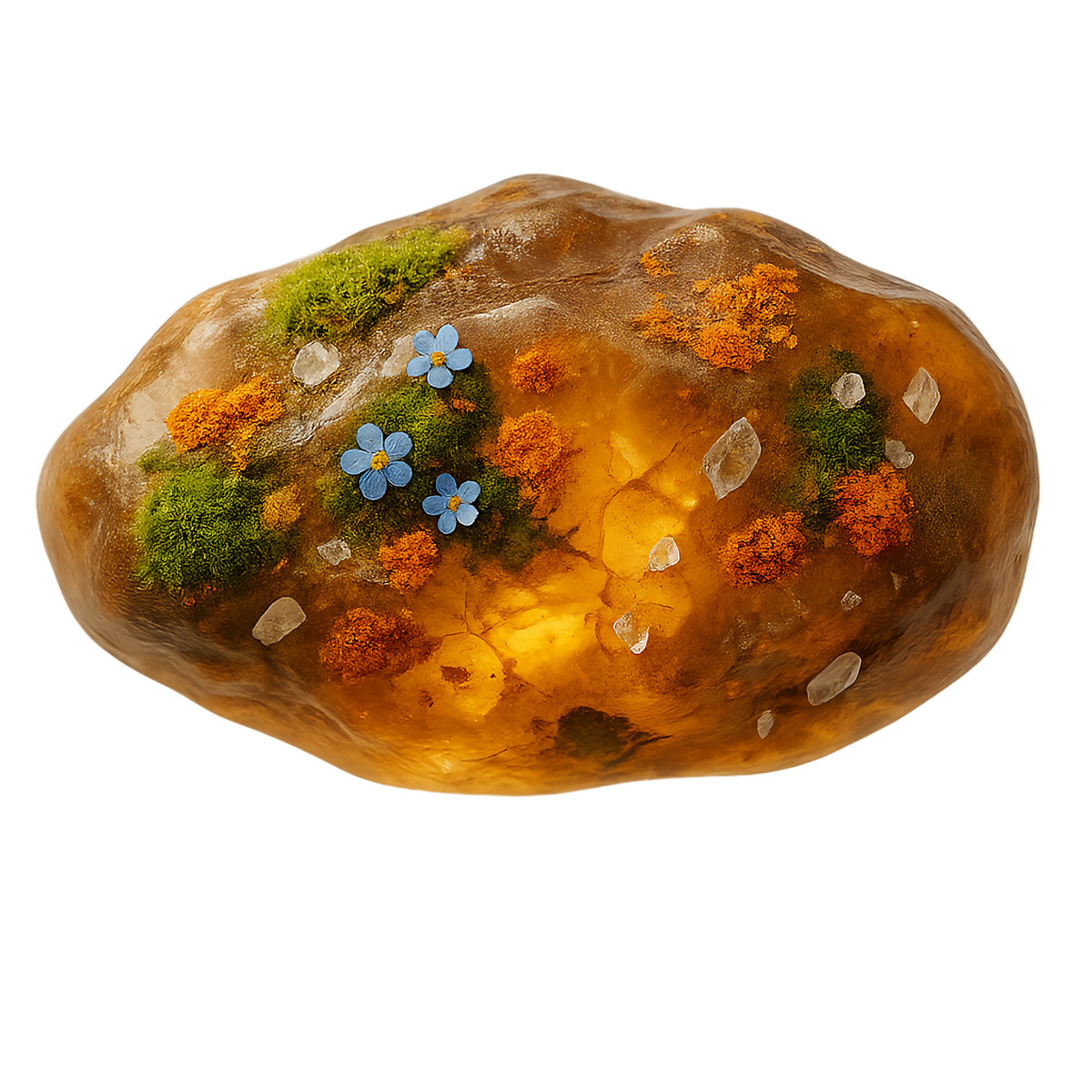Ilustración Amber stone with moss and blue flowers, Nature inspired decorative element en estilo Biomorphic a descargar en PNG y SVG