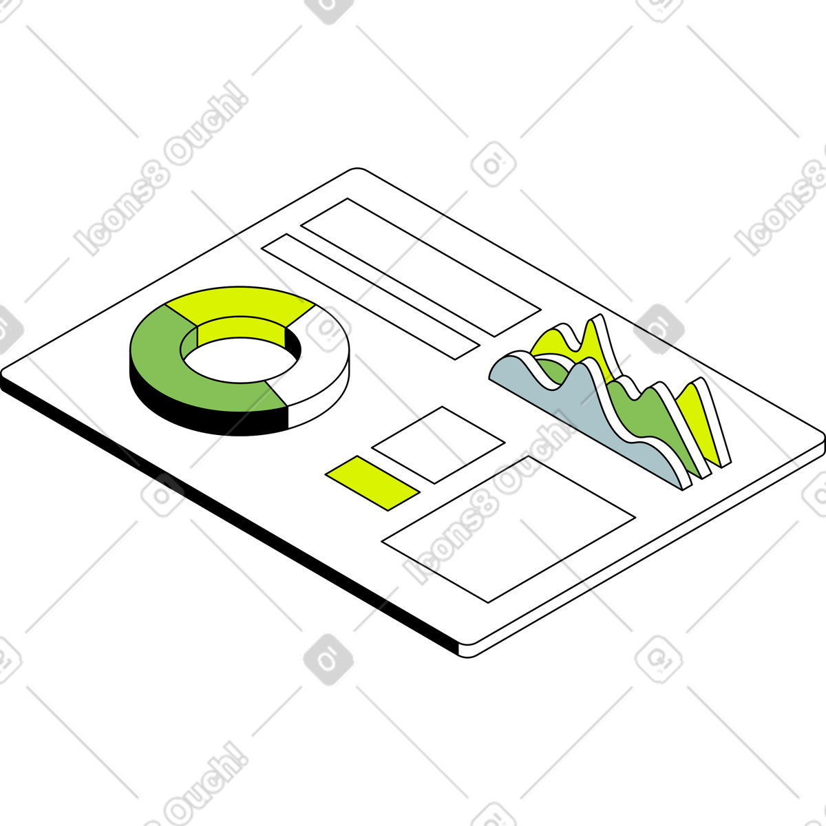 Isometric スタイルの 分析機能を備えたタブレット のアニメーションイラストをGIF、Lottie (JSON)、AEでダウンロード