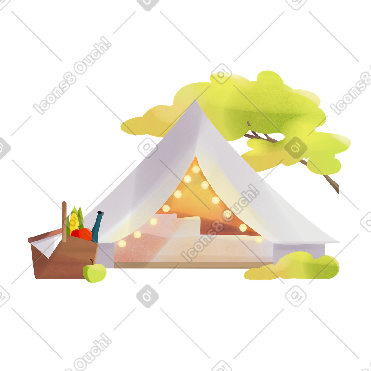 Glamping with tent and picnic basket illustration in PNG, SVG