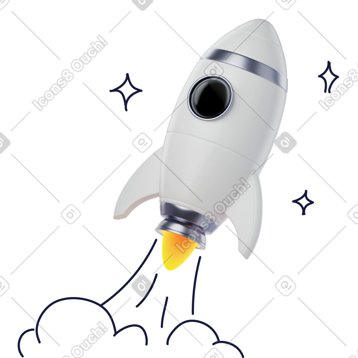 Rocket launching with flame trail and cloud doodle smoke below-Illustration im 3D Surfaced-Stil als Download in PNG, SVG