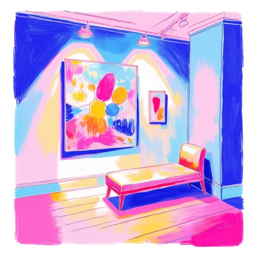 A gallery room features a single piece of abstract art prominently displayed on a wall. The artwork is large and colorful, with vibrant splashes of paint and shapes. Below the artwork, a focused spotlight illuminates the piece, highlighting its textures and colors. The walls of the gallery are painted in a neutral tone, allowing the artwork to stand out. In the corner of the room, there is a sleek bench for visitors to sit and admire the art. The floor is made of polished wood, reflecting the light from the spotlight.