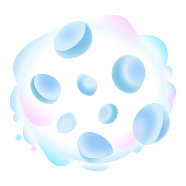 A series of cancer cells are suspended in a transparent, fluid-like substance that ripples gently around them. The cancer cells display varied shapes and sizes, some appearing round while others are irregular. The fluid environment has a smooth texture, with subtle gradients of pastel colors flowing through it. Light refracts through the fluid, creating soft reflections and highlights that enhance the overall visual effect. The background is blurred, emphasizing the cancer cells as the focal point of the image.