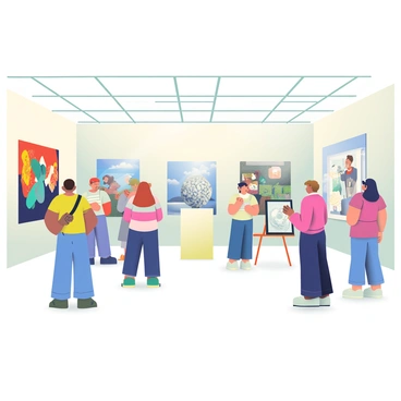 A spacious gallery at Kingston University is filled with diverse student artworks. The walls are adorned with vibrant paintings, intricate sculptures, and mixed media pieces. A group of students and visitors are exploring the exhibition, with some engaged in animated discussions. On one wall, a large abstract painting features bold splashes of color, while a delicate ceramic sculpture sits elegantly on a pedestal in the center of the room. Natural light pours in through large windows, illuminating the creative atmosphere. In one corner, a student is taking notes while observing a detailed sketch displayed prominently on an easel.