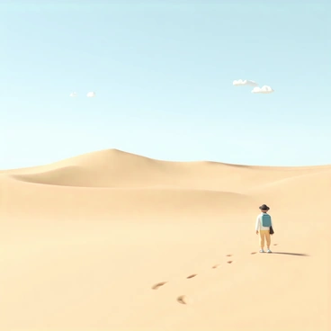 A solitary figure, wearing a wide-brimmed hat and a light-colored, long-sleeve shirt, is walking across the vast dunes of a quiet desert landscape. The sand is a warm golden color, reshaped by gentle winds, forming smooth undulating hills. The sky above is a clear blue, with a few wispy clouds scattered. The sun casts soft shadows, highlighting the curves of the dunes. The figure carries a small backpack and leaves footprints in the fine sand as they explore the serene environment.