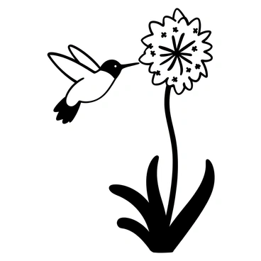 A "hummingbird" hovering next to a "round allium flower" with numerous small blossoms. The "hummingbird" has iridescent feathers and is positioned in mid-air, with its wings in motion. The "allium flower" stands tall on a slender stem, surrounded by green leaves. The scene captures the moment as the "hummingbird" extends its long beak towards the "nectar" within the flower.