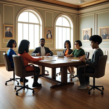 A group of five individuals representing diverse ethnicities and backgrounds is gathered around a large wooden table in a historic hall. The individuals include a Black woman with short hair in a blue blazer, a Hispanic man with glasses in a formal white shirt, an Asian woman with long hair in a red dress, a Middle-Eastern man with a neatly trimmed beard in a charcoal suit, and a Caucasian woman with curly hair in a green blouse. They are collaborating on drafting a new constitution, with documents, pens, and laptops spread across the table. The hall features high ceilings adorned with intricate moldings, large windows allowing natural light to flood in, and historical portraits hanging on the walls.