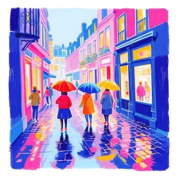 A rain-soaked street scene features a cobblestone pathway glistening with reflections of light. Several people are walking along the street, each holding a colorful umbrella, creating a vibrant atmosphere. The umbrellas vary in color, including bright red, sunny yellow, and deep blue. Puddles form on the ground, capturing the hues from the umbrellas above. In the background, there are quaint storefronts with warm light spilling from the windows, adding to the inviting feel of the scene.