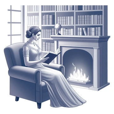 A noblewoman sits in a plush armchair, absorbed in reading a book. She is wearing an elaborate gown adorned with intricate lace and embroidery, reflecting opulence. The library is filled with tall shelves lined with books, creating a warm and inviting environment. A grand fireplace is situated nearby, with crackling flames casting soft shadows. A few decorative items, such as an ornate candlestick and a small globe, embellish the surroundings, enhancing the cozy atmosphere. The noblewoman's expression is focused, indicating her deep engagement with the story.