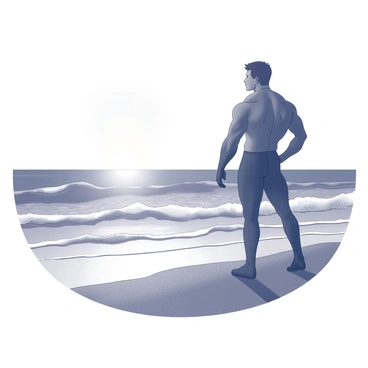 A muscular figure, resembling a warrior, stands on the shore at dawn. He is facing the horizon, which is illuminated by the early morning light. The waves of the ocean gently crash against the sandy beach. The warrior's posture is strong and resolute, with a sense of determination as he gazes at the sun rising above the water. The scene captures the contrast between the dark silhouette of the figure and the brightening sky. The serene movement of the waves creates a rhythmic backdrop to the moment.