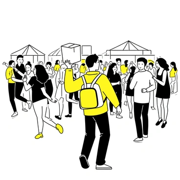 A courier is moving through a densely packed crowd at a music festival. He is wearing a bright jacket and a backpack. In his right hand, he is holding a cardboard package above his head to navigate through the sea of people. The crowd consists of diverse individuals dressed in casual festival attire, some dancing and others chatting. Colorful tents and food stalls are visible in the background, contributing to the vibrant festival atmosphere. 
