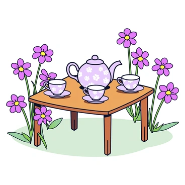 A tea set on a garden table, surrounded by fresh aster flowers as decoration