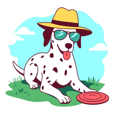 A white dalmatian with black spots is wearing a yellow stylish hat tilted to the side. The dog is also sporting a pair of teal sunglasses, reflecting light. It is sitting on a green lawn under a bright sun, with a few white fluffy clouds scattered in the blue sky. The dalmatian looks relaxed, with its tongue out and tail wagging slightly. Nearby, there is a red frisbee lying on the grass.
