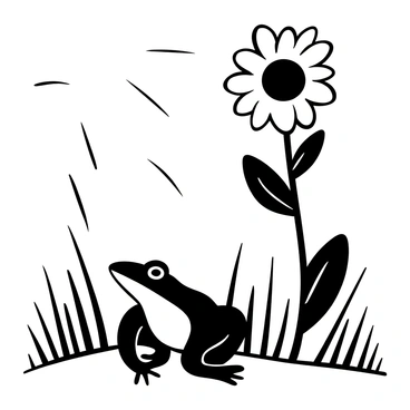 A frog sitting beside a tall sunflower. The frog is resting on a small patch of grass, its limbs relaxed. The sunflower towers above it, with large petals spreading outward and a rounded seed center. The background is filled with tall grass, swaying gently. There are lines indicating rays of sunlight shining down on the scene.