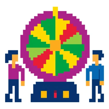 A spinning wheel game in an arcade with colorful segments, surrounded by players watching eagerly and cheering.