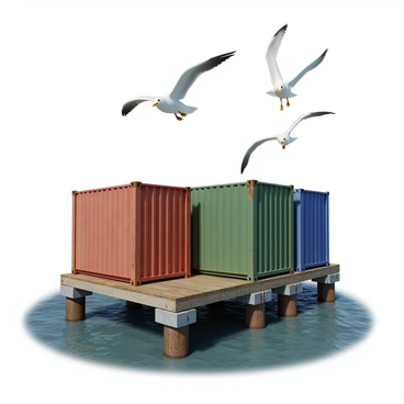 A flock of seagulls with white feathers and gray wings is flying above a coastal dock. The seagulls are captured mid-flight, their wings spread wide as they soar in the blue sky. Below them, there are several stacked shipping containers in various colors, including red, green, and blue. The containers have a weathered texture, showing signs of wear from their exposure to the elements. The dock features wooden planks and metal structures that provide a sturdy base for the containers, with gentle waves lapping at the edges of the dock.
