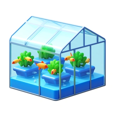 A greenhouse structure with transparent glass walls and a roof. Inside, there are multiple connected tanks filled with water, showcasing an aquaponics system. Fish of various colors, including orange, yellow, and blue, swim gracefully through the tanks. The tanks are surrounded by lush green plants growing above, their roots submerged in the water. The scene is well-lit, with sunlight streaming in, highlighting the vibrant colors of the fish and plants.