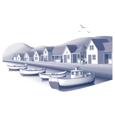 A fishing village with small boats moored along the shore. The boats have various shapes and sizes, each displaying intricate details like ropes and fishing nets. The village consists of a row of charming houses, each with distinct architectural features such as porches and windows. There are fishermen preparing their gear by the water, and some seagulls flying overhead. The background features rolling hills that enclose the village, creating a serene atmosphere.