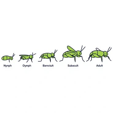 An illustration displaying the lifecycle stages of a locust. The image features five distinct stages arranged in a linear sequence. On the far left, there is a small, green nymph with an elongated body and large eyes. Next, the second stage shows the nymph growing larger, showcasing developing wings. The third stage depicts a more mature nymph with noticeable wing buds. The fourth stage illustrates an almost fully developed adult locust, displaying its vibrant green coloration and fully formed wings. Finally, the last stage on the far right presents a fully grown adult locust with detailed features, including long antennae and strong hind legs. Each stage is clearly labeled with its corresponding name, such as "Nymph," "Subadult," and "Adult." The background is simple and clean to emphasize the locust stages.